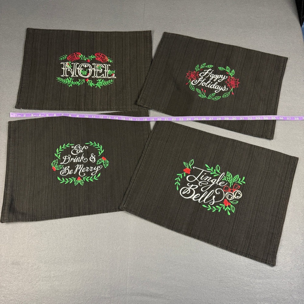 Lot of 4 Christmas Black Dark Fabric Rectangular Placemats Cursive Metallic READ